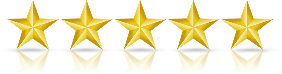 Five shiny, gold, five-pointed stars arranged in a row with subtle reflections underneath.