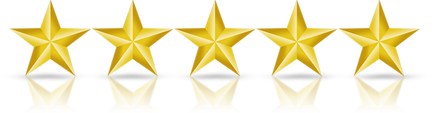 Five gold stars in a row, each with a soft shadow reflected underneath on a white background.