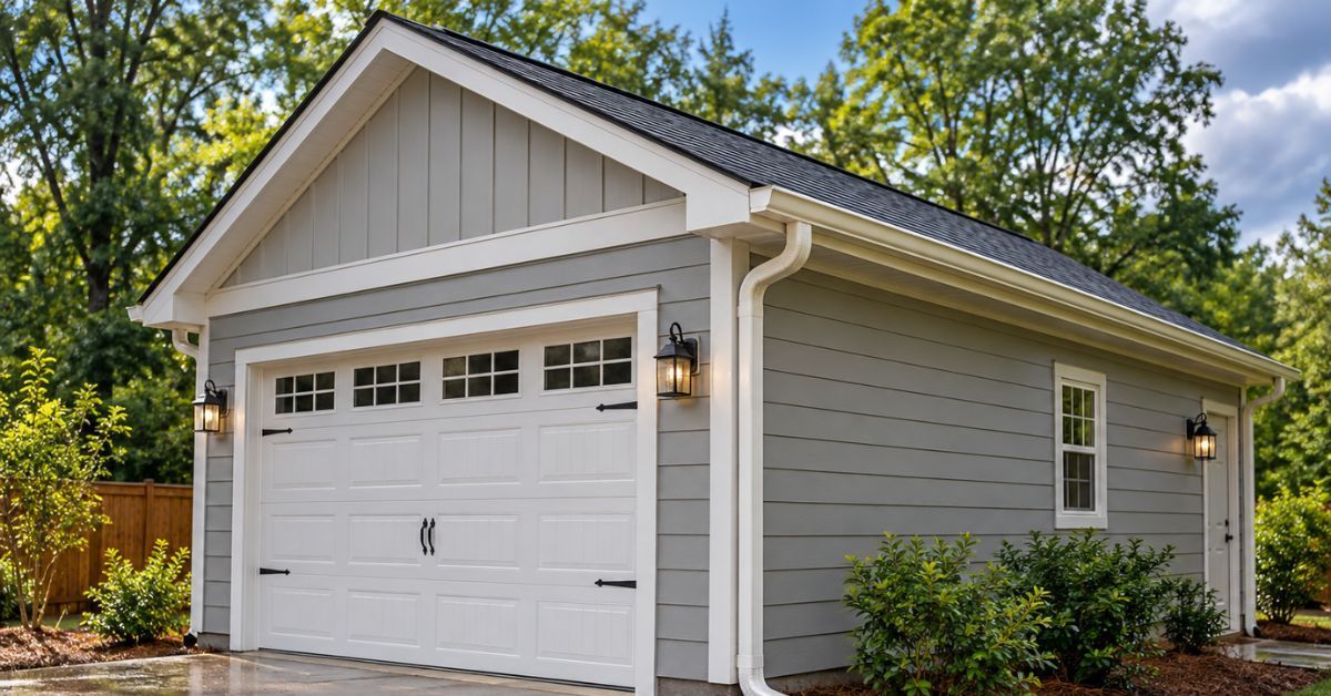 White detached garage with a single door and small windows, surrounded by greenery in a suburban yard
