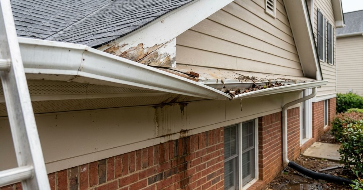 Slightly sagging white aluminum gutters pulling away from fascia board
