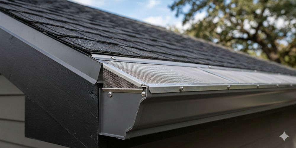 Close-up of a house roof edge with metal flashing and a white gutter under dark shingles