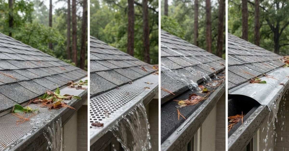 Four different gutter guard styles are displayed side by side