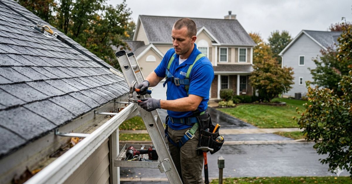 A professional gutter technician wearing bright royal blue shirt repairing residential roof gutters