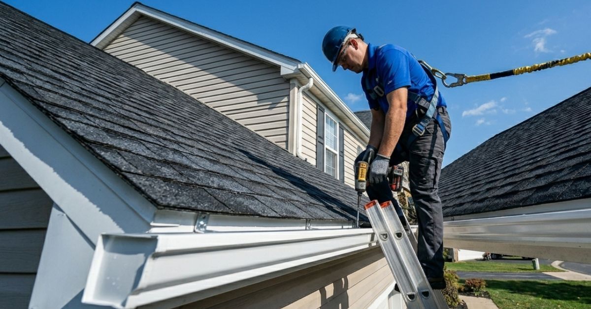 Professional contractor installing seamless gutters on residential roofline