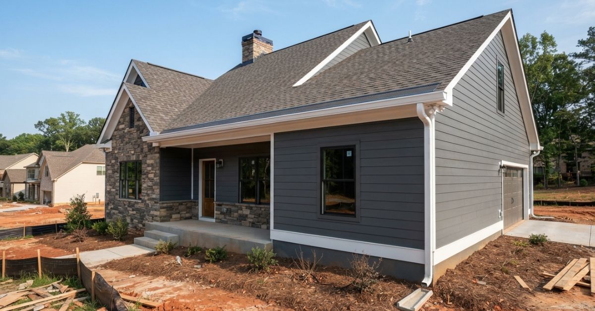 New construction home with planned seamless gutter system