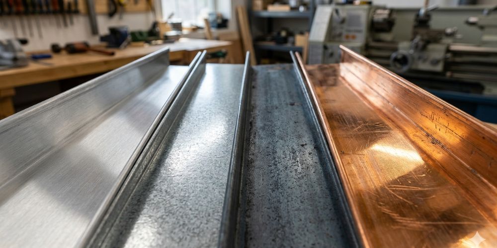 Metal sheets in a workshop, including silver, dark gray, and copper-colored panels