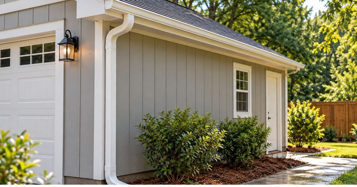 Gray garage and side of a house with white trim, bushes, and a sunlit driveway.