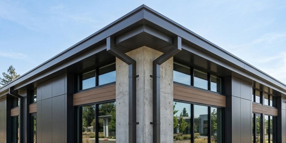 Modern corner of a glass-fronted concrete building with wood accents and large windows