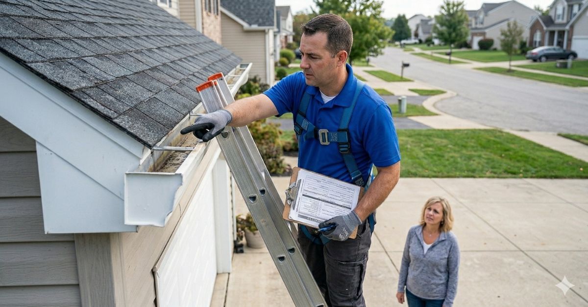 Man cleaning gutters on a ladder outside a suburban house while another person watches below