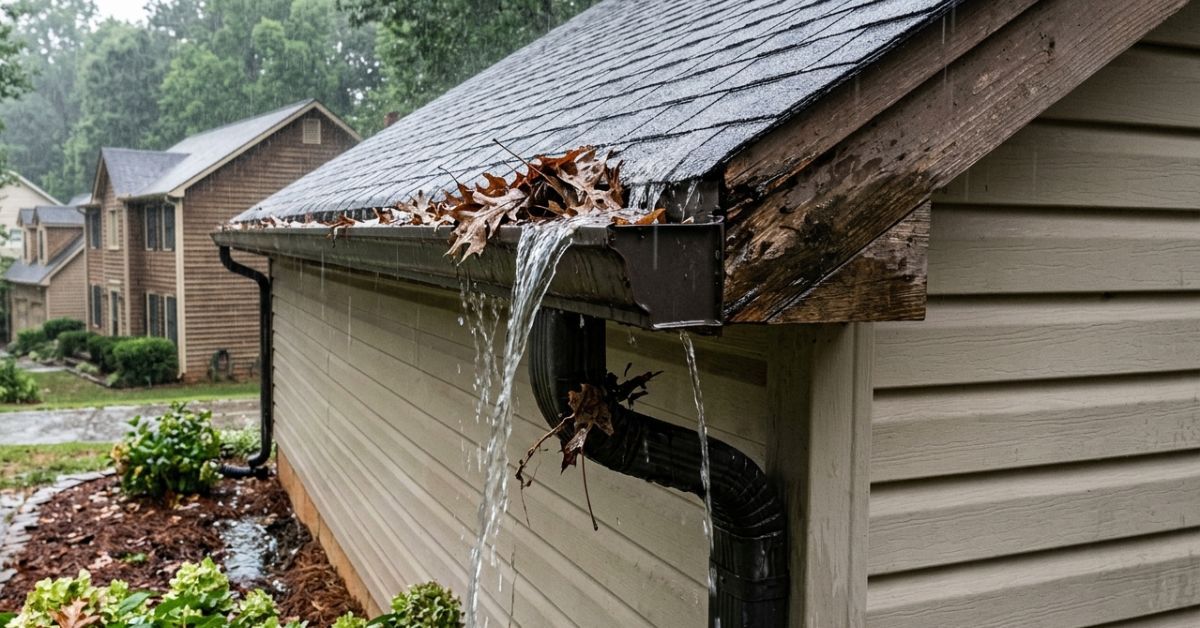 Rain gutters overflowing during a steady rainstorm.