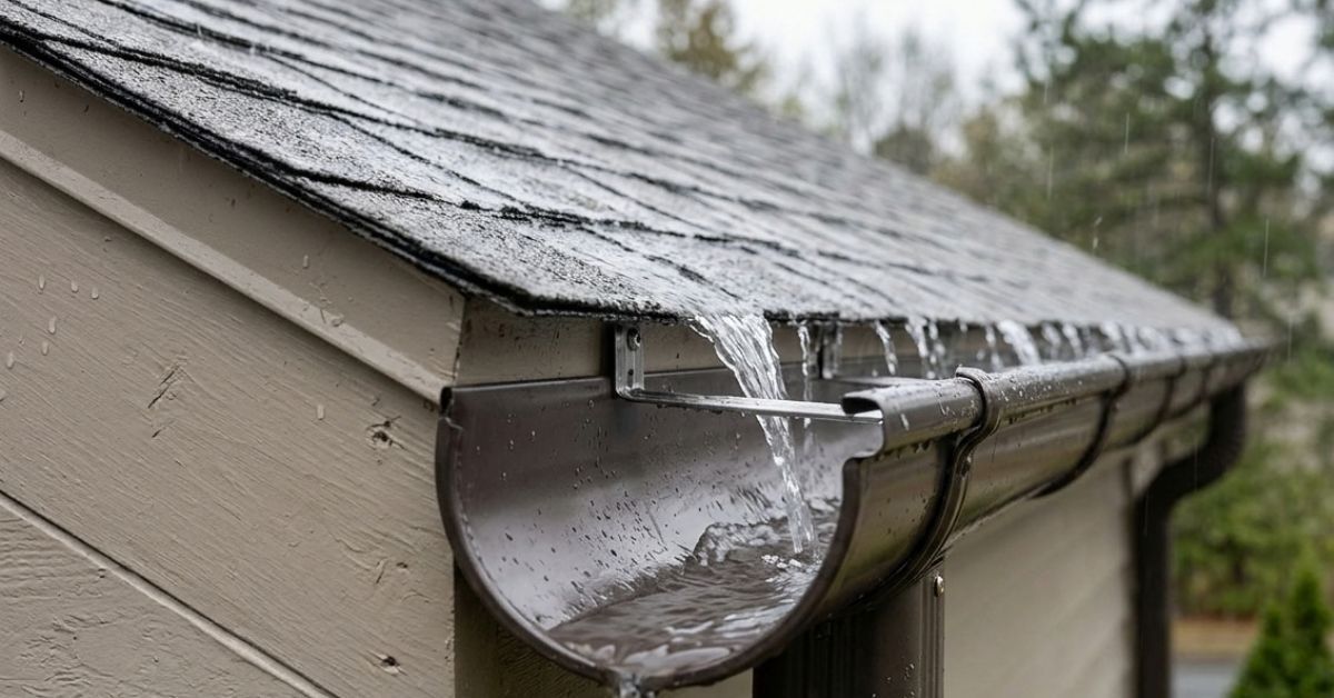 Rain gutter on a beige house roof, with water flowing off the edge into a downspout.
