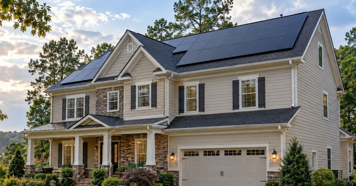 Two-story suburban house with stone siding, front porch, and dark solar panels on the roof