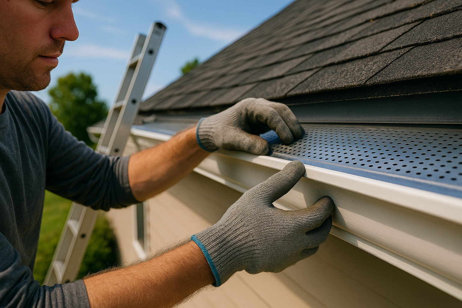 A person wearing work gloves installs a perforated metal gutter guard on a residential home.