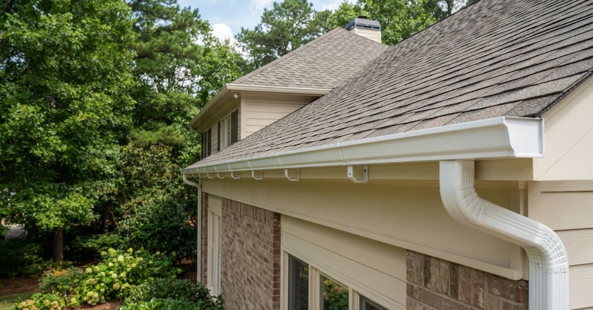 House roof and white gutter system beside a brick exterior, viewed from the eaves with trees in the background