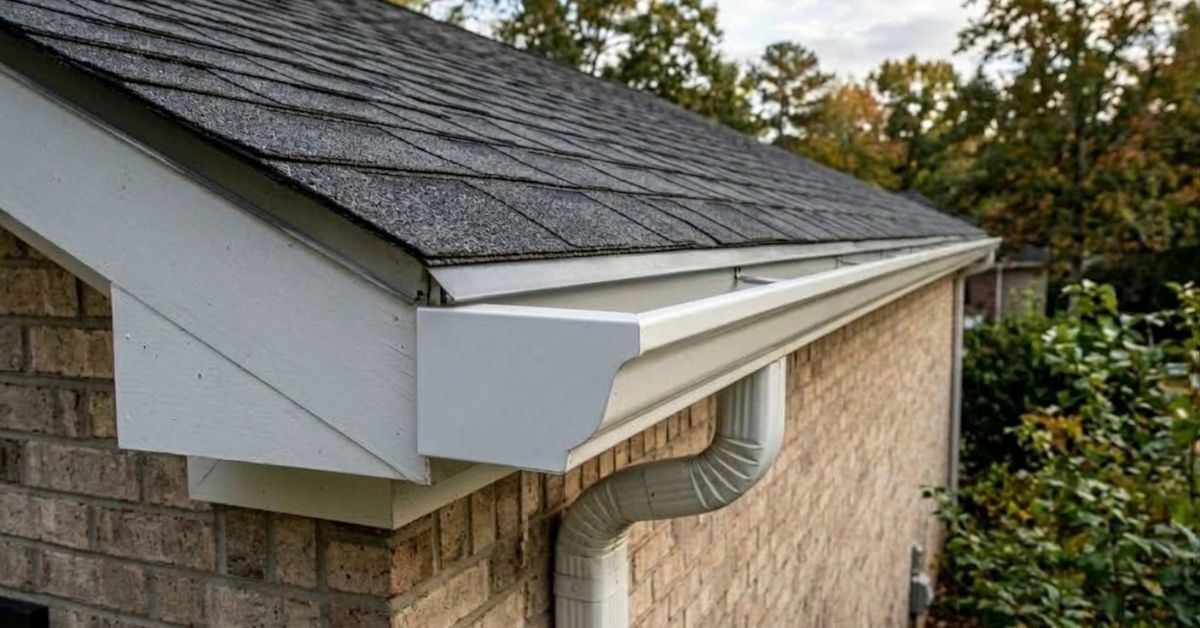 White roof gutter and downspout on a tan brick house, viewed from the side.