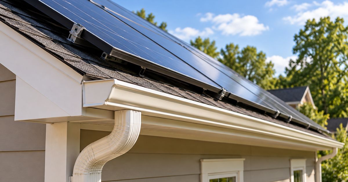 Solar panels installed on a house roof with a white rain gutter under a blue sky.
