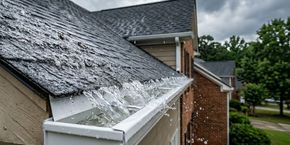 Heavy rainwater rushing down a steep asphalt shingle roof into a gutter system
