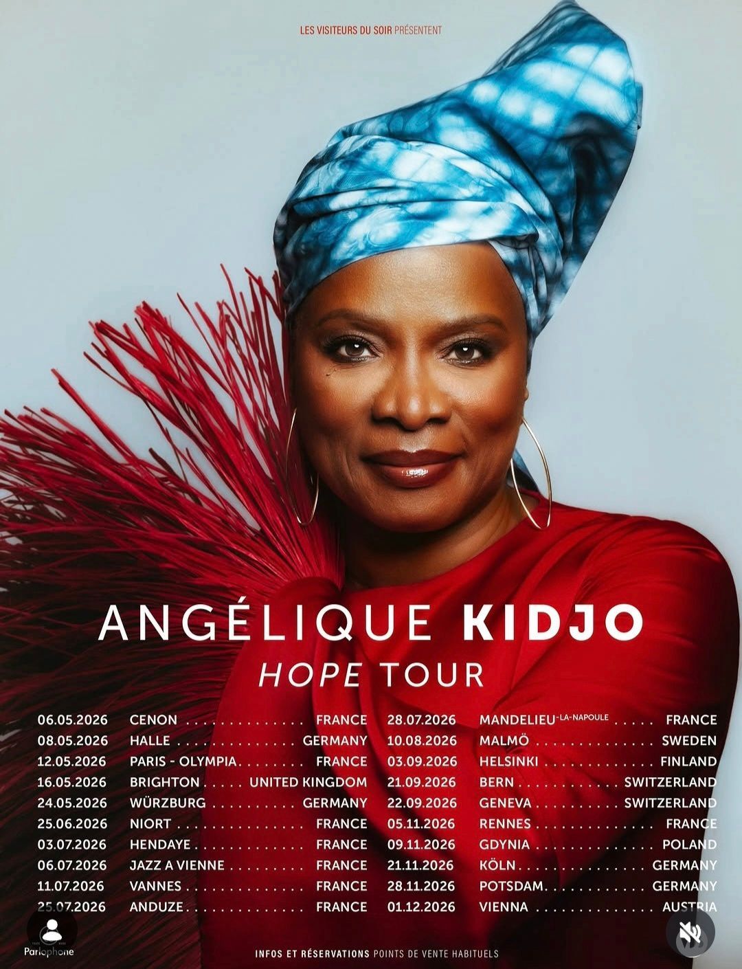Angélique Kidjo tour poster with portrait in blue headwrap and red attire, titled “Hope Tour.”