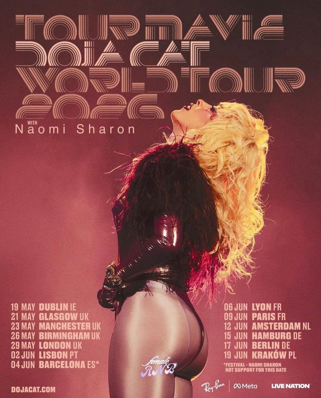 Tour promo poster for Naomi Sharon, showing a blonde performer in a dark outfit against a pink-purple background
