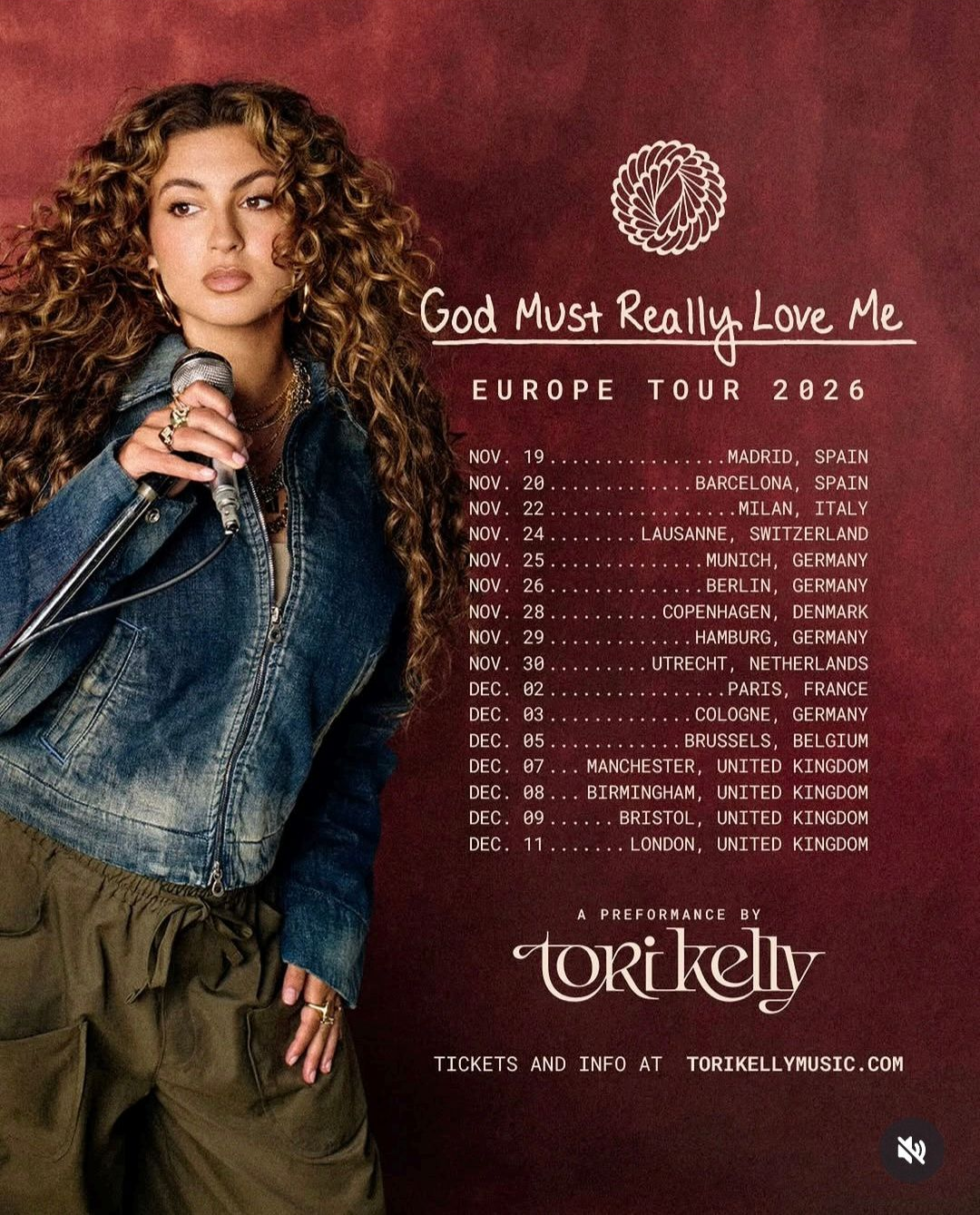 Tori Kelly tour poster with maroon background, denim jacket portrait, and Europe tour dates.