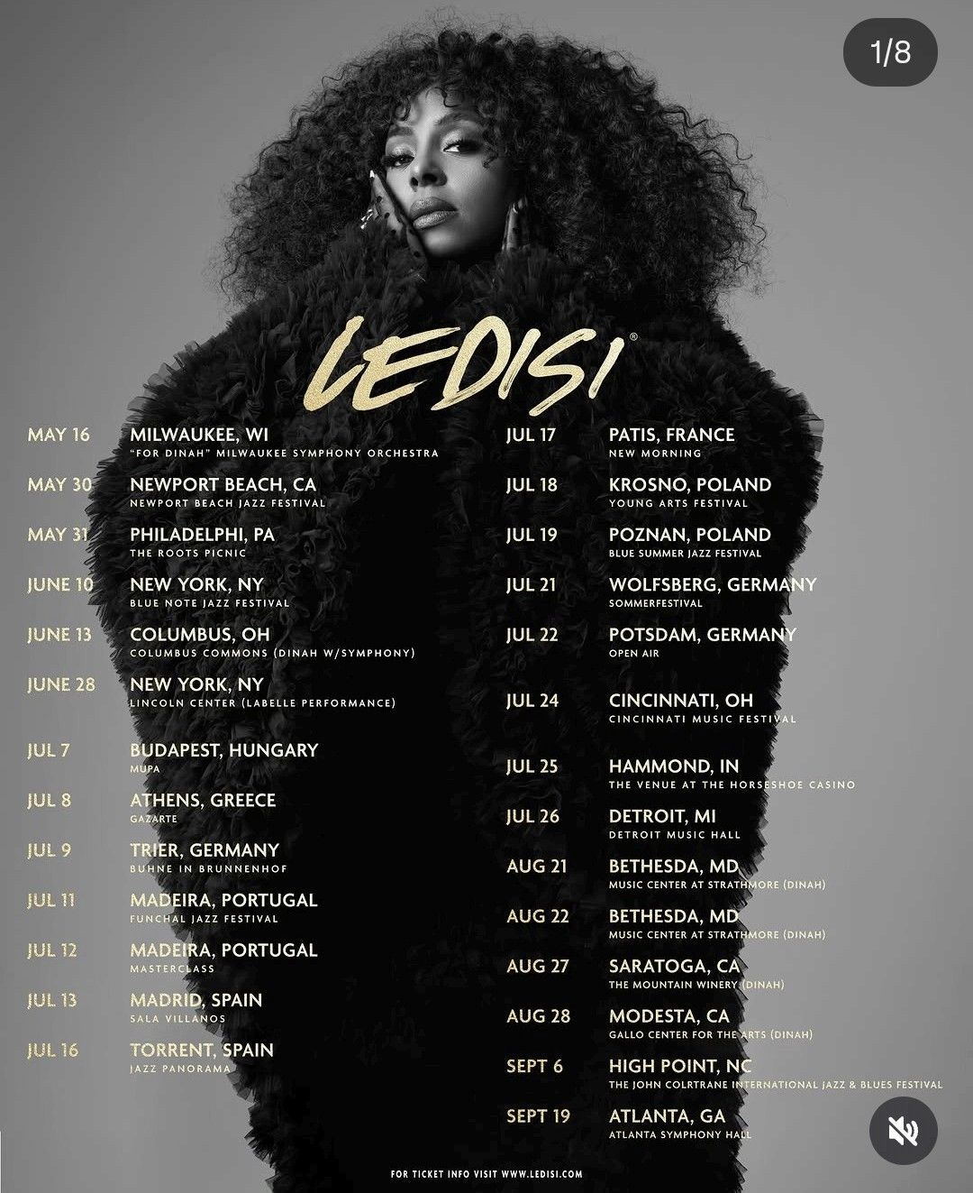 Black-and-white concert poster with a curly-haired singer and the title “LEDISI” in gold.