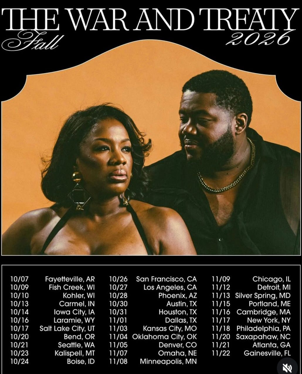 The War and Treaty tour poster with a couple on an orange background and dates listed below