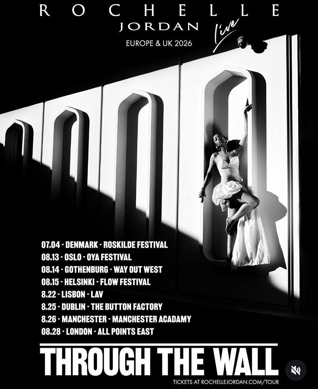 Black-and-white poster for Rochelle Jordan’s “Through the Wall” tour, showing a woman in a doorway.