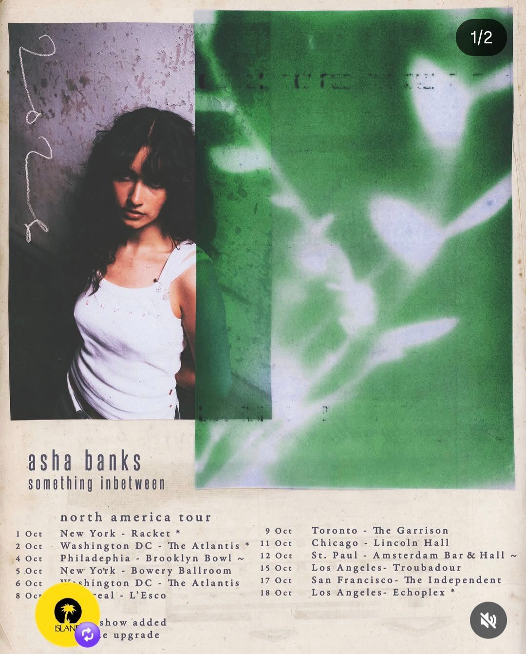 Album cover with a woman in white beside green abstract light and small track listing text