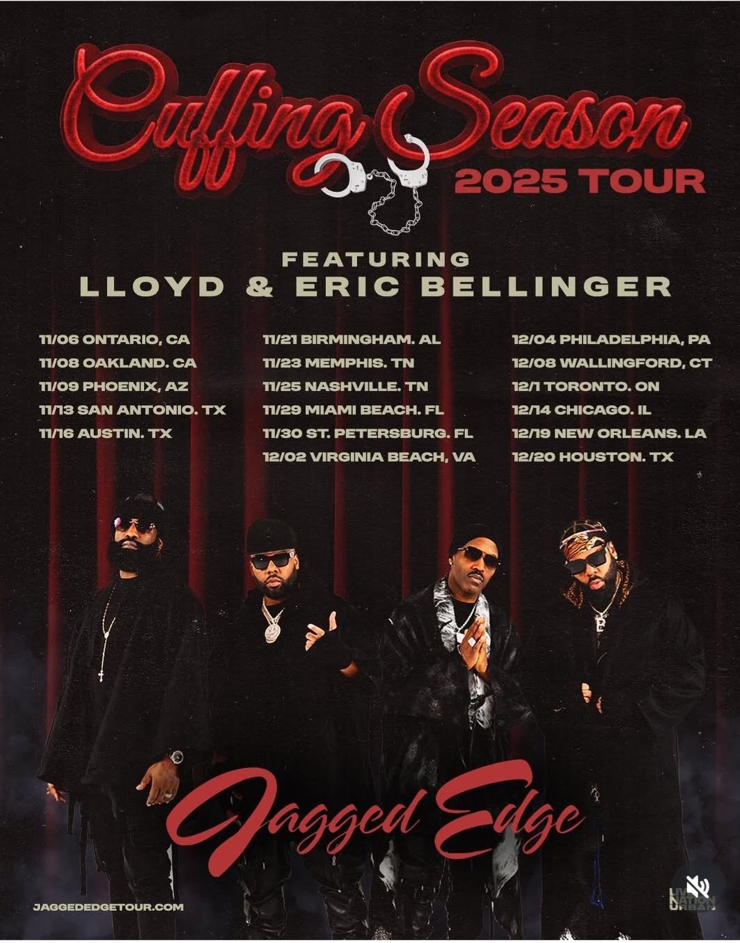 Tour poster for “Cutting Season 2025 Tour” featuring Lloyd & Eric Bellinger and Jagged Edge on a dark background