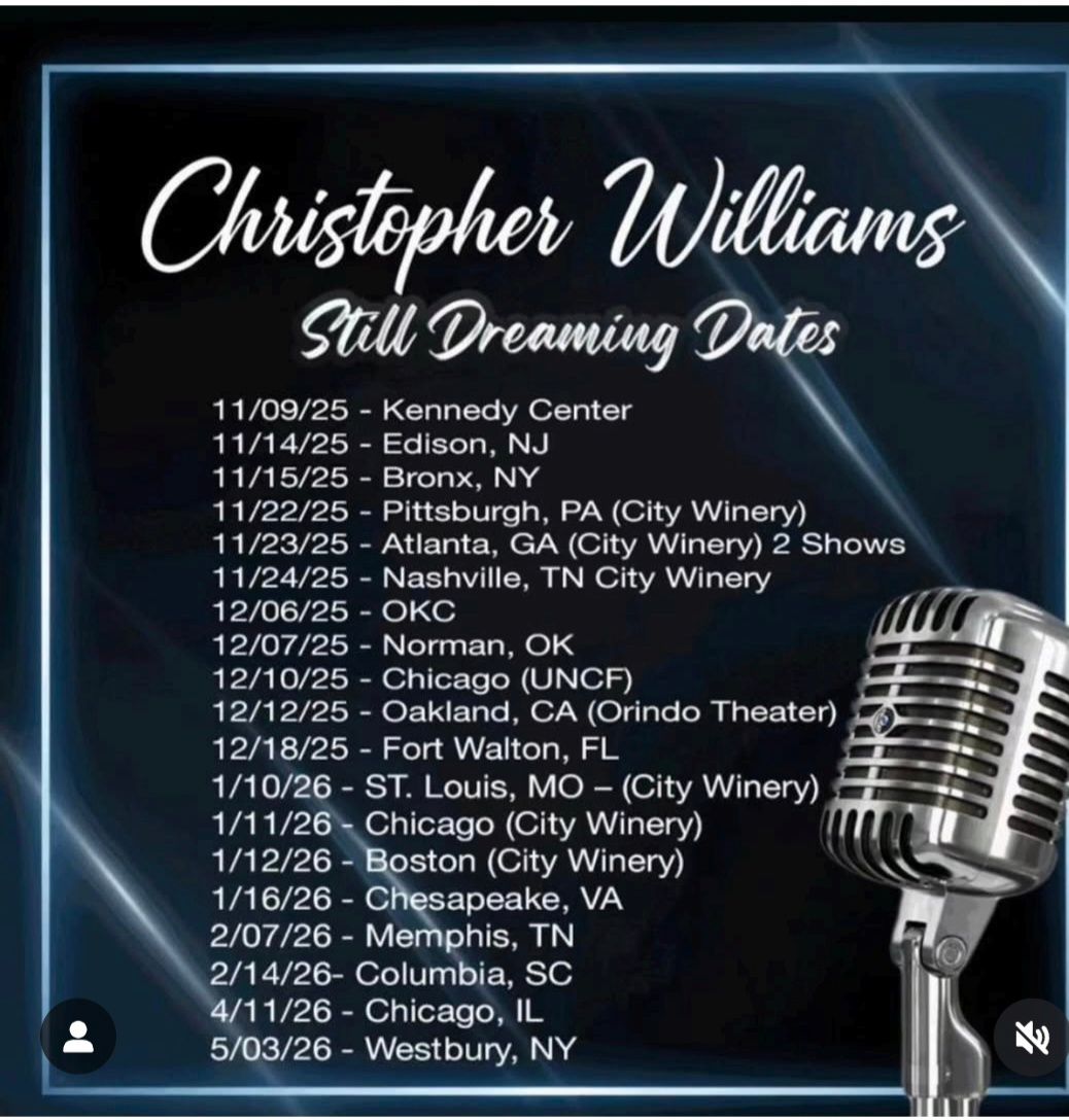 Christopher Williams “Still Dreaming” concert dates poster with microphone graphic on a dark blue background