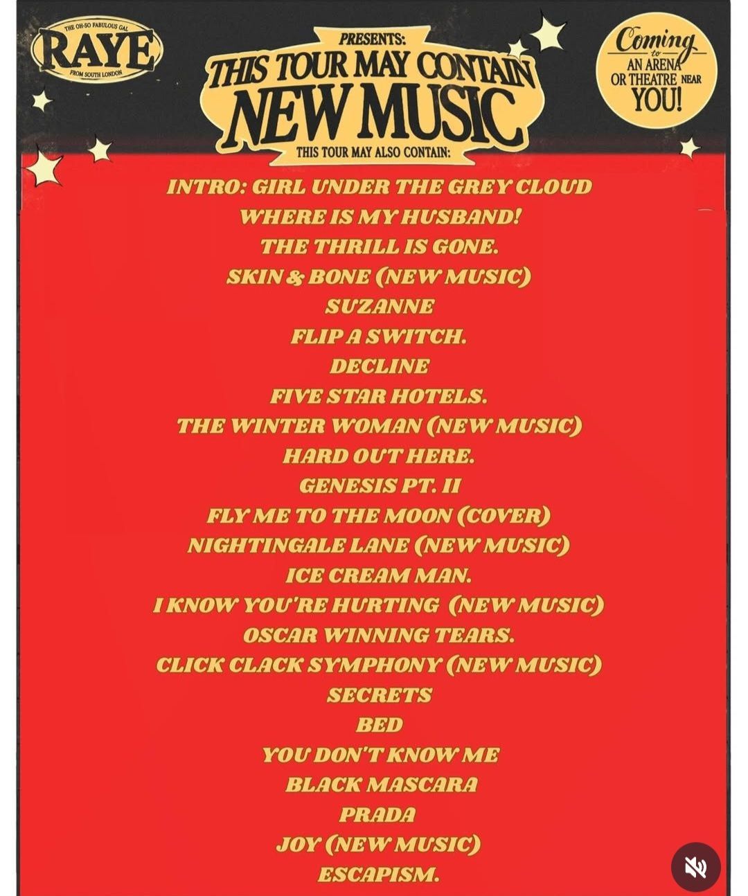 Red concert poster listing tour dates and songs, with “New Music” and “This Tour May Contain” headline.