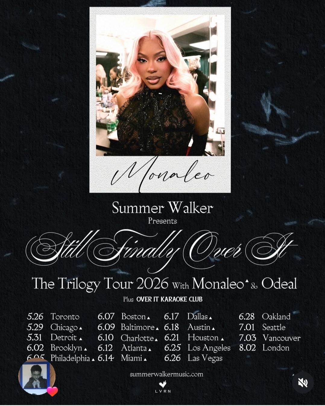 Concert flyer for Summer Walker’s Still Over It tour with a photo portrait and venue/date listings.