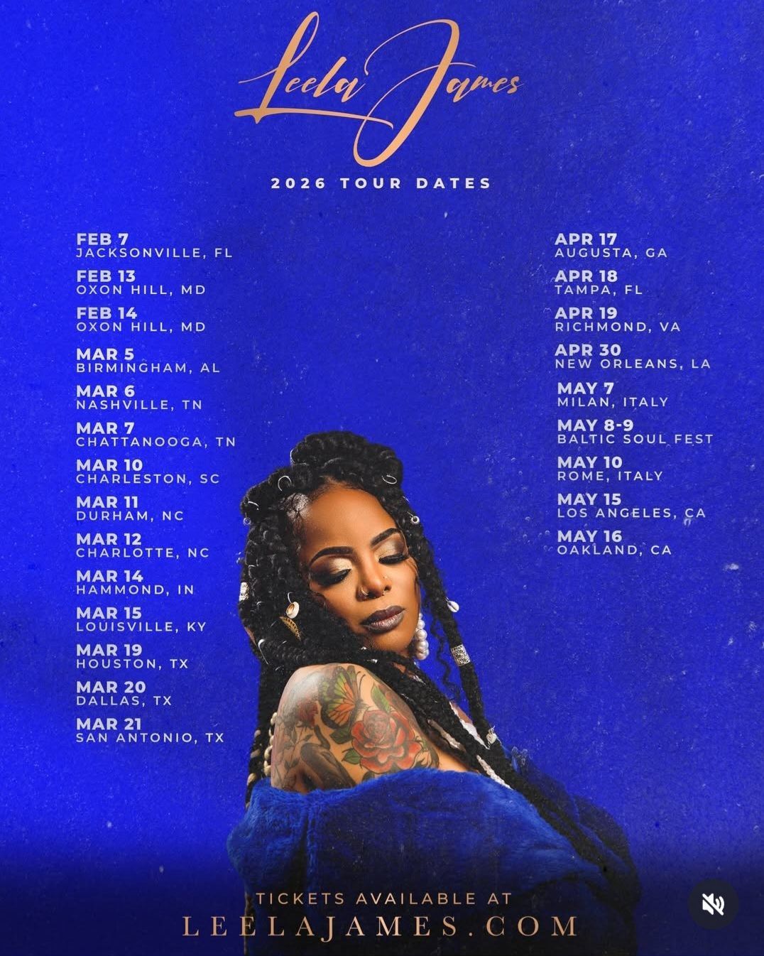 Blue concert poster featuring a singer, tour dates, and ticket info for Lucky Daye’s “The Algorithm” tour