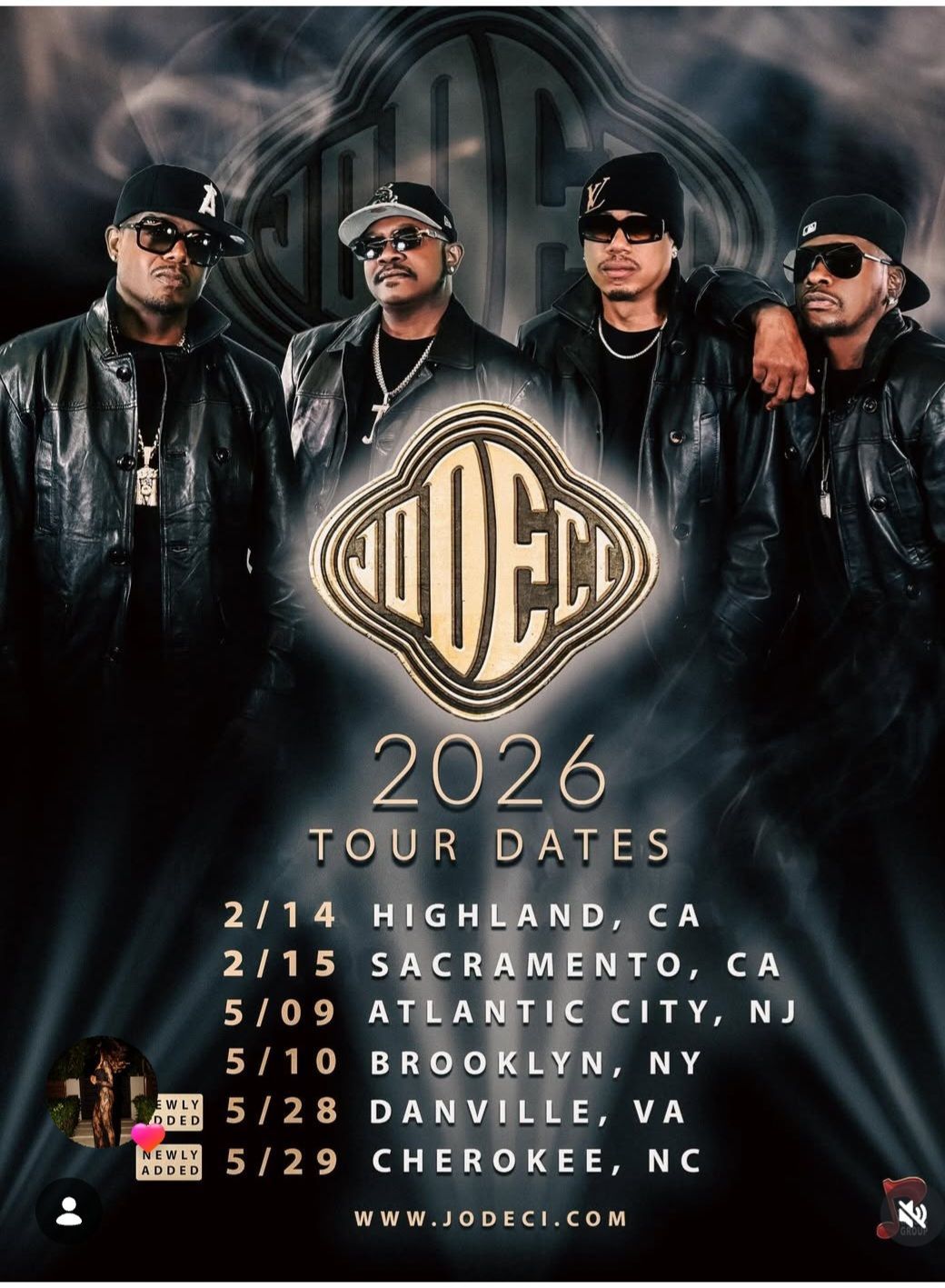 Three men in black leather pose beside “OJC 2026 Tour Dates” concert poster with city listings.