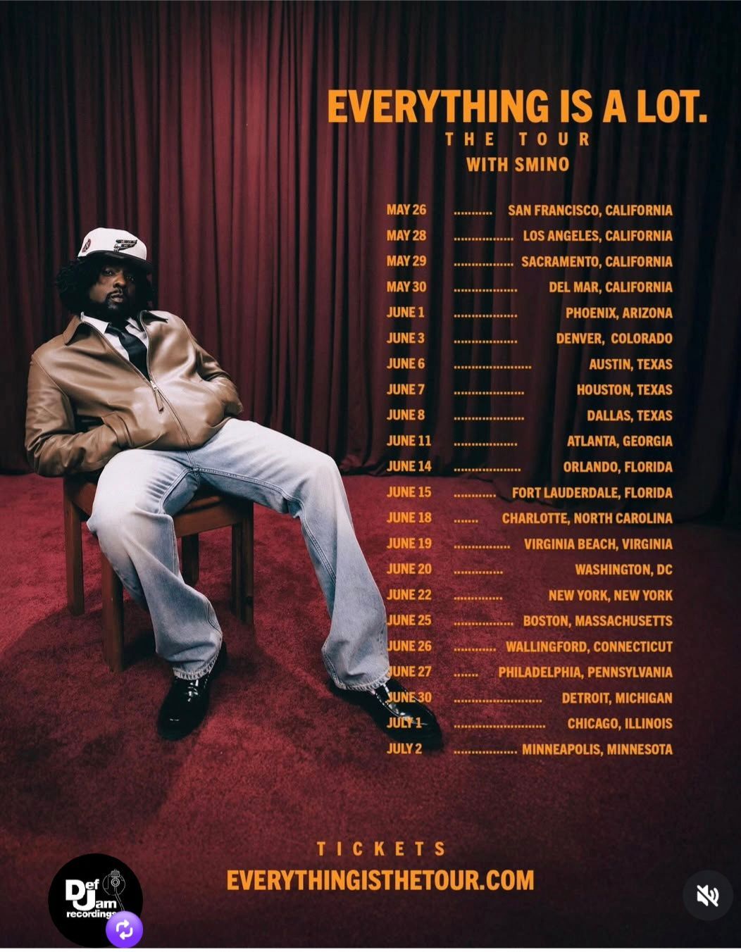 Concert poster for “Everything Is A Lot” with a seated figure and event date list on a dark background