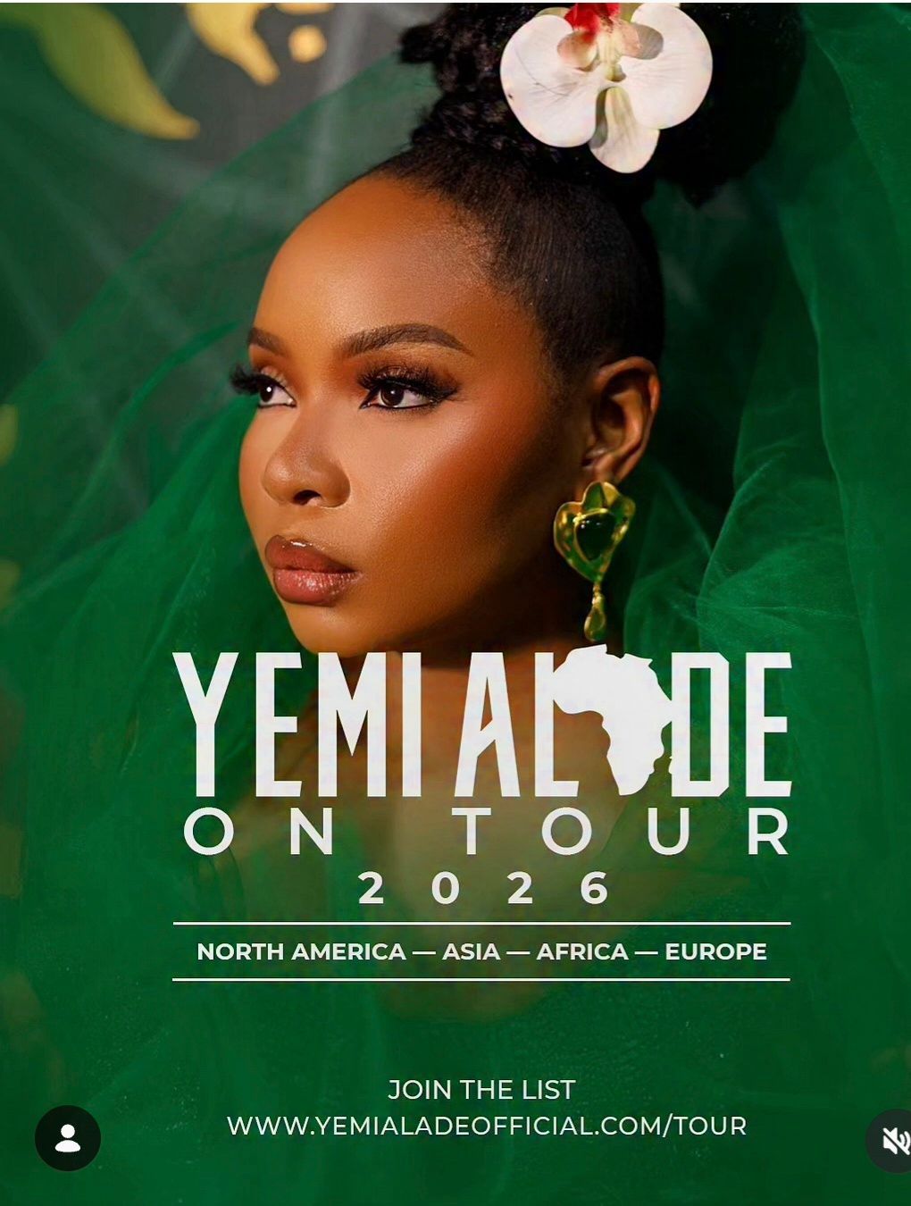 Yemi Alade tour poster with green background, portrait, and dates for North America, Asia, Africa, and Europe.