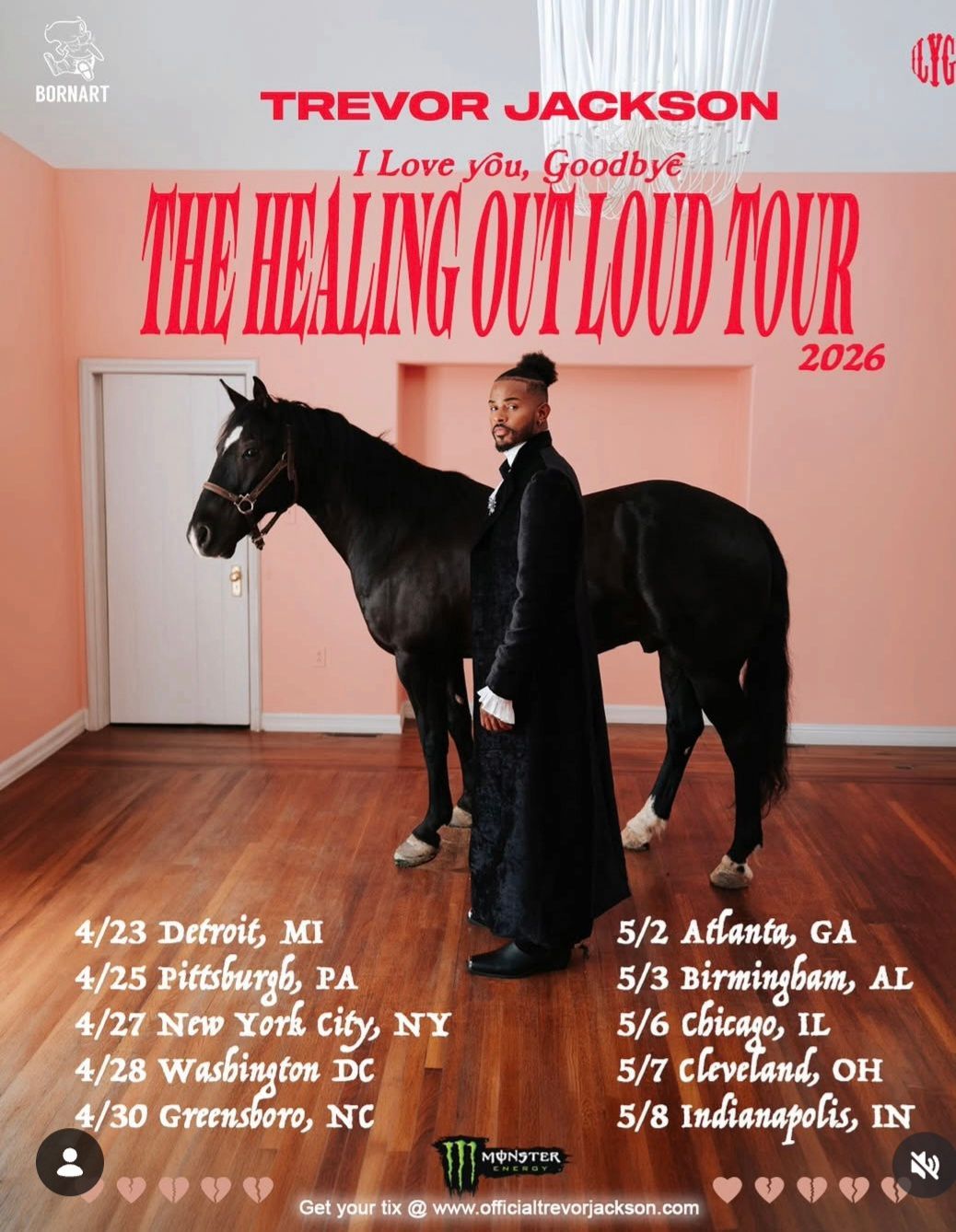 Trevor Jackson album tour poster with a black horse in a pink room, titled “The Healing of Hood War” 2026
