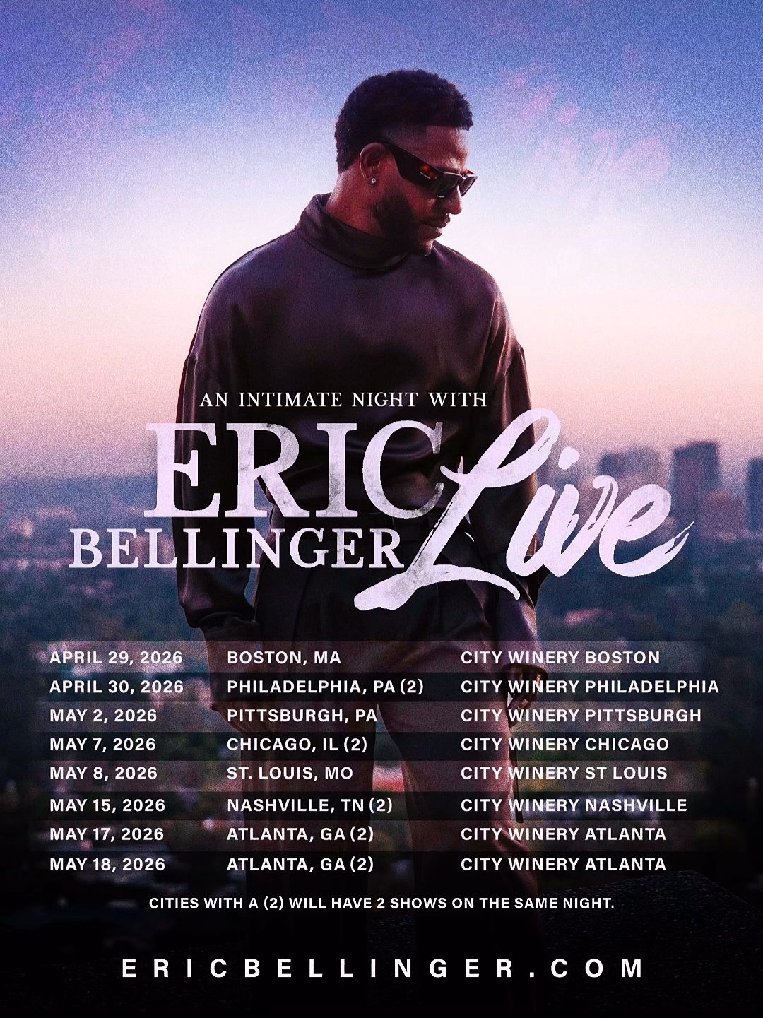 Eric Bellinger live concert poster with purple sky background and tour dates listed below