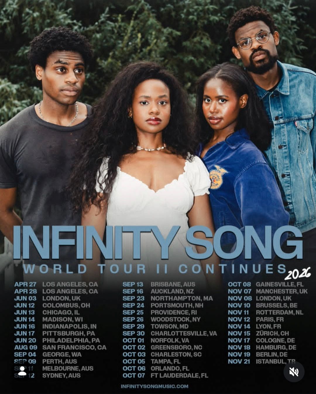 Four people posing above an “Infinity Song World Tour II Continues” concert poster with tour dates listed below