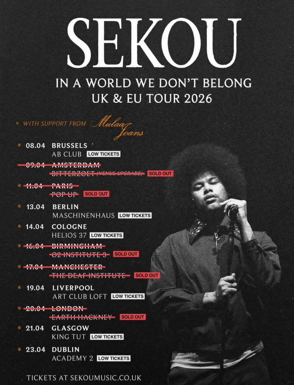 SEKOU world tour poster with dates and cities, featuring a black-and-white portrait on a dark background
