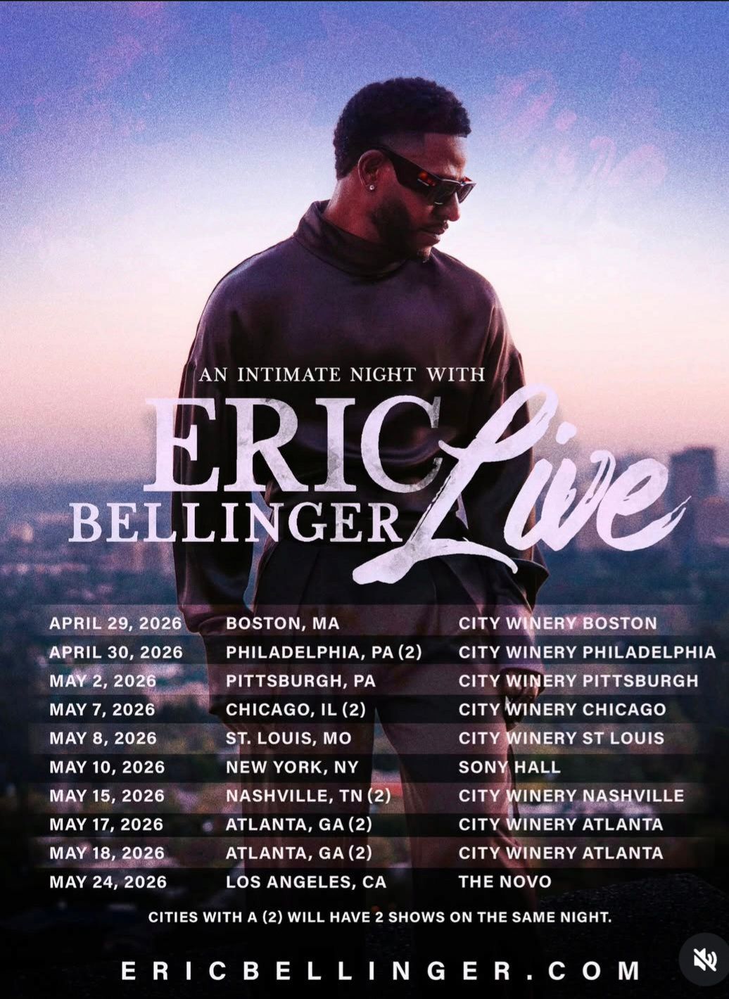 Eric Bellinger “Live” tour poster with dates and cities over a sunset background.