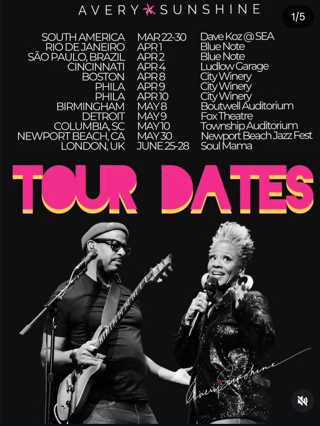 Avery*Sunshine tour dates poster with pink-and-yellow text and two black-and-white musician photos