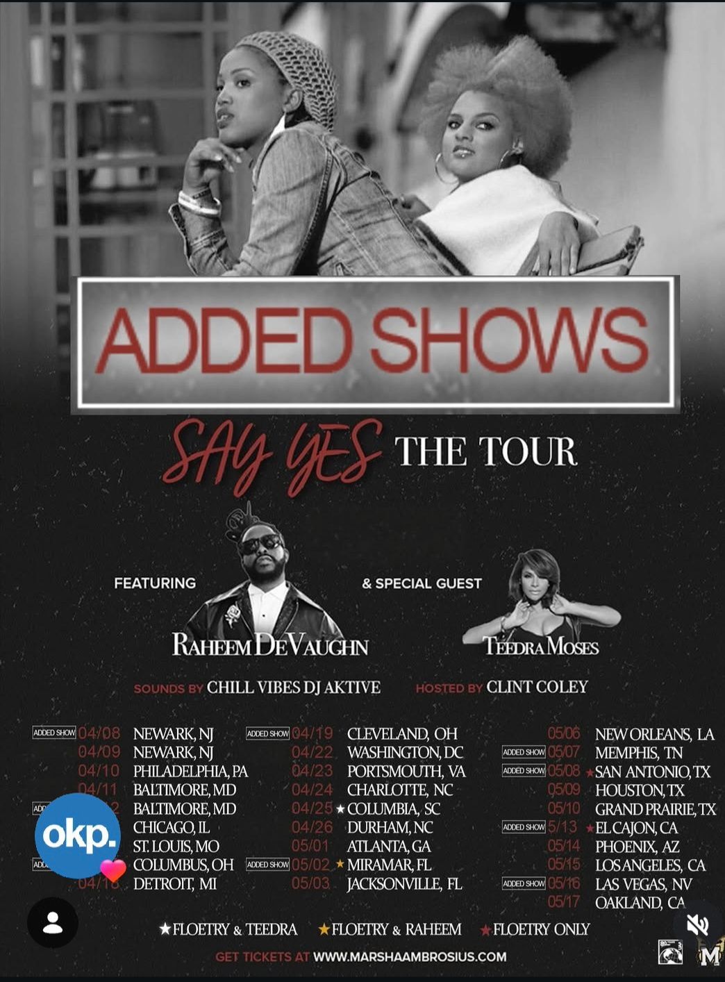 Concert poster for “Added Shows: Say Yes Tour” with two black-and-white portraits and a list of tour dates below