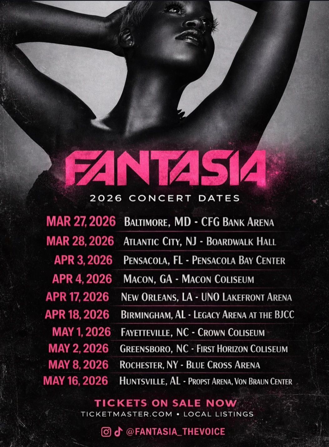 FANTASIA concert dates poster with pink title and black-and-white portrait, listing U.S. tour stops and dates