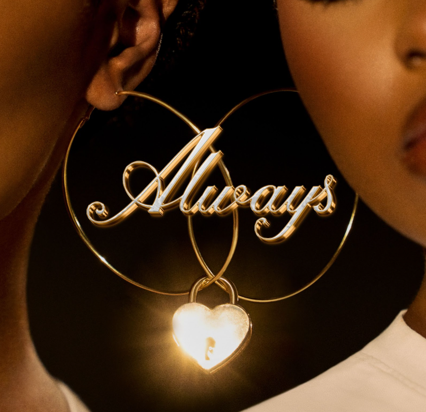Gold “Always” pendant necklace with a glowing heart charm on skin-toned background