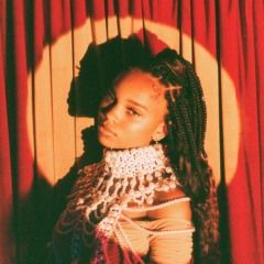 Portrait of a person with long braids and a sparkling neckpiece before red curtains, lit in warm tones