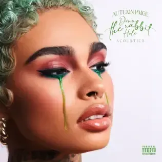 Close-up album cover of a person with green hair and vivid makeup, with green tears on a pale background