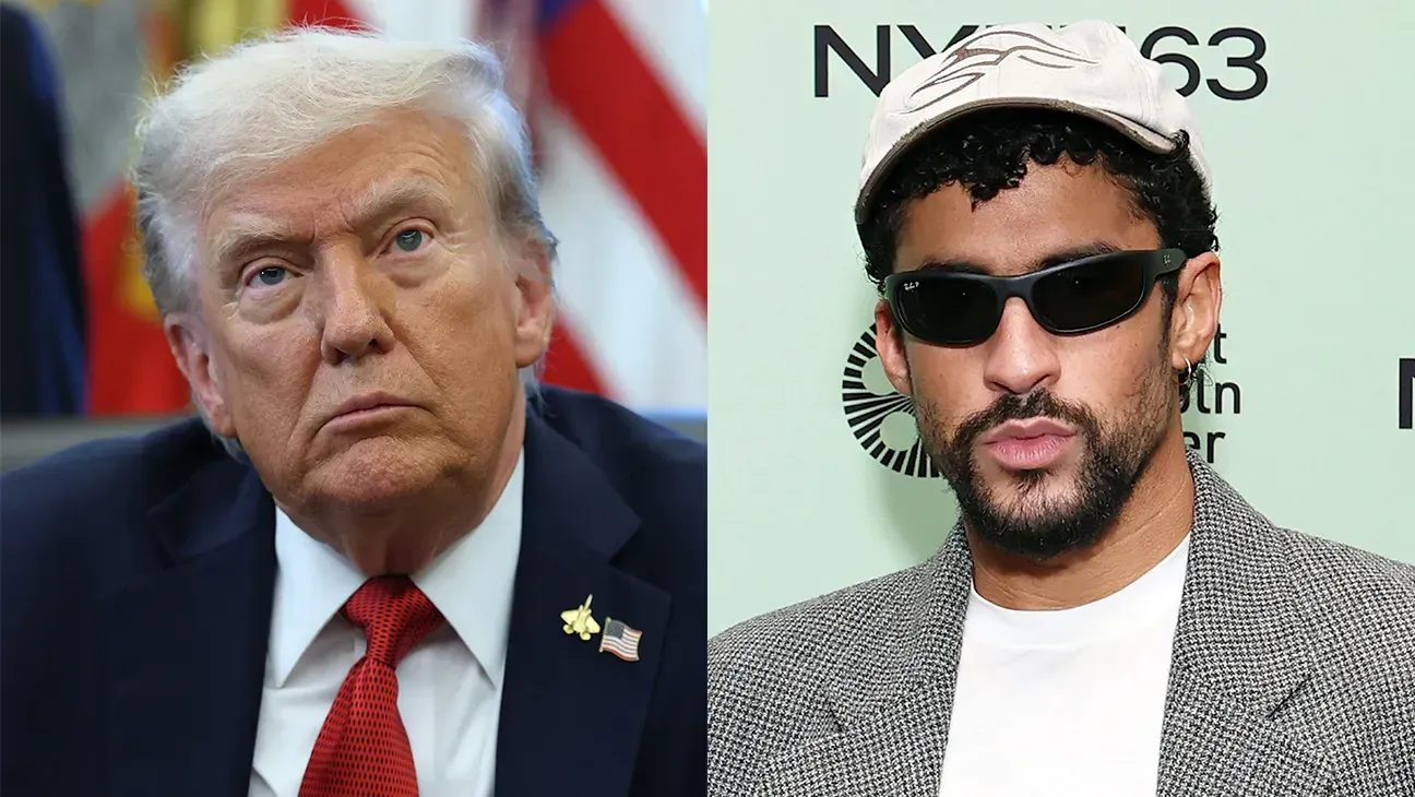 Donald Trump stands beside a man in sunglasses and a cap at a press event backdrop.