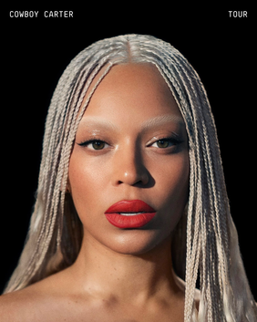 Portrait poster of Cowboy Carter with platinum braids, bold red lipstick, and “TOUR” text