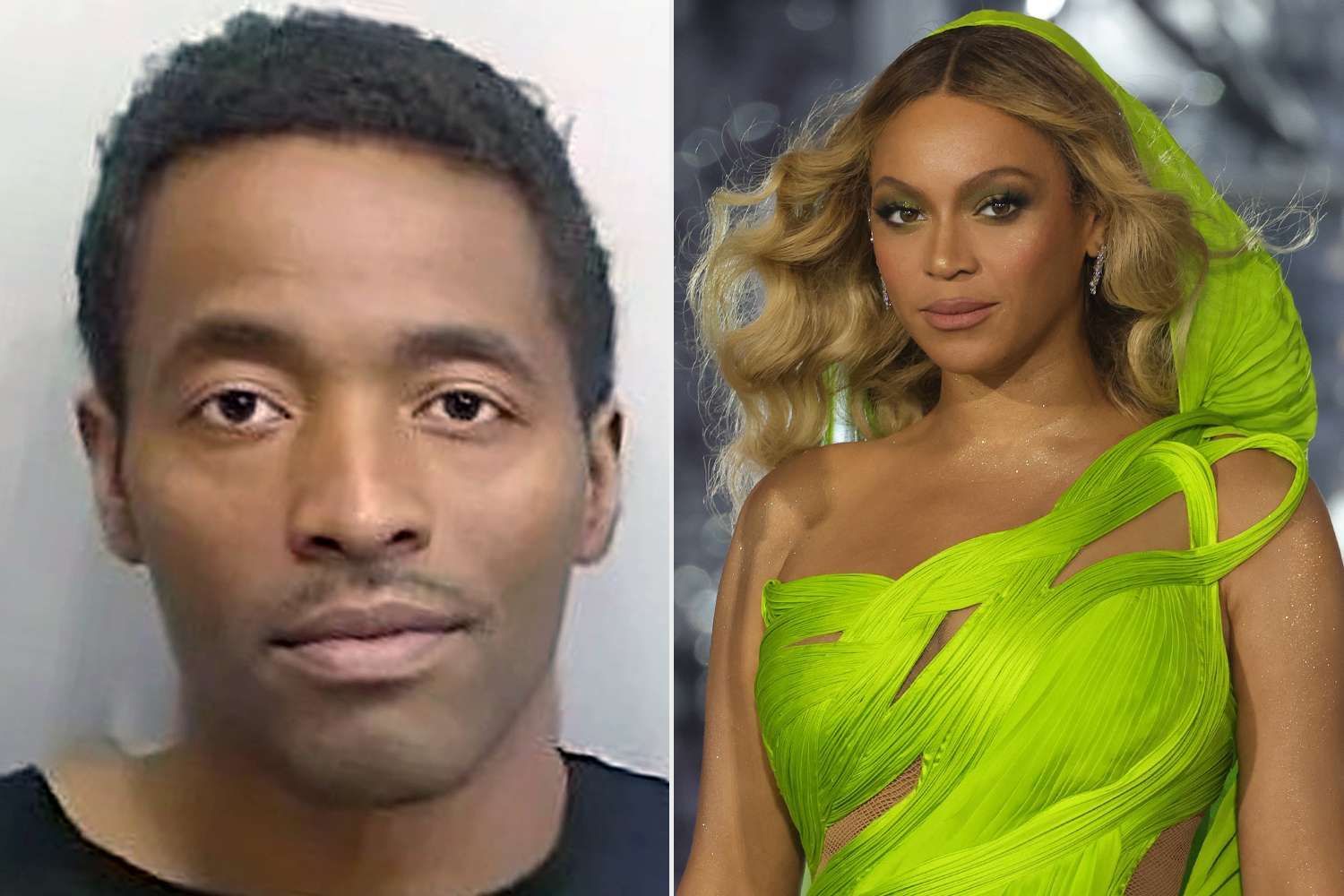 Side-by-side portraits of a man in a gray background and a woman in a bright green dress.